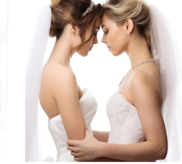 Dos novias compartiendo un momento íntimo en su ceremonia