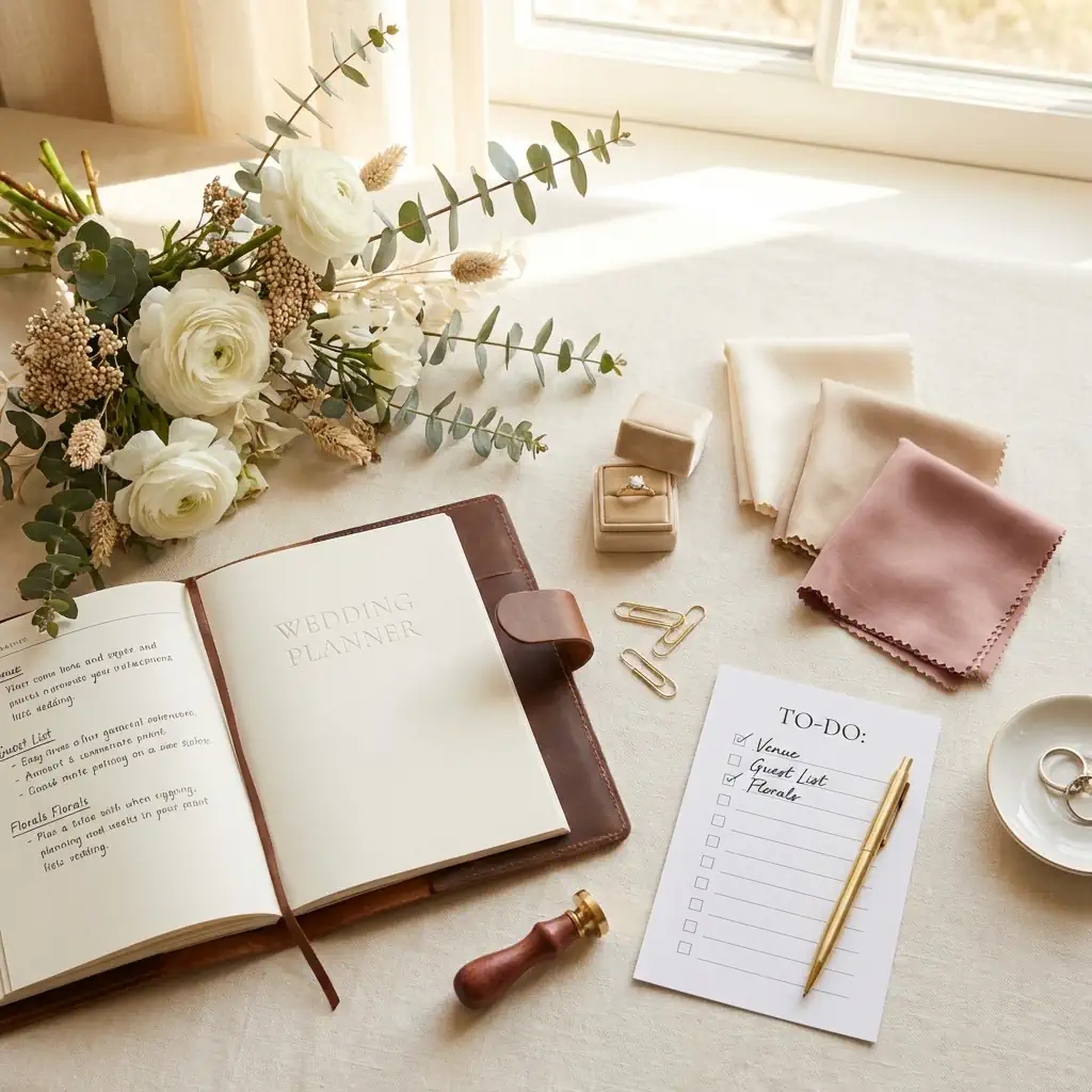 Planificación organizada de boda laica con checklist y elementos decorativos